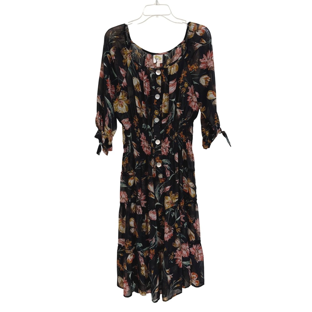Fig & Flower Anthropologie Boho Cottage Floral Smocked Waist Midi Dress Black L